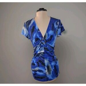 Apt. 9 Womens Top Sz S Slinky Babydoll Y2k Black Blue Abstract Cap Sleeve O Ring